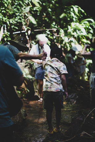 A group of people walking through a lush, green forest trail. One person assists another by holding their hand, guiding them over a rocky path. The area is densely vegetated with large leaves, creating a shadowy, serene atmosphere.