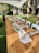 A long wooden table is set outdoors with a simple, elegant arrangement for an event. Glasses are turned upside down on napkins, with green foliage and candles as centerpieces. White chairs surround the table, all under a canopy. A garden with a small rustic shed and trees provides a serene backdrop.