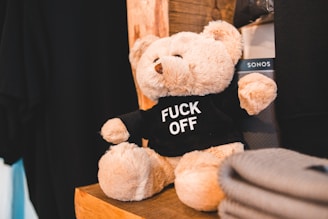 A plush teddy bear wearing a black sweater with a bold white text message. The bear is sitting on a wooden shelf surrounded by other items, including a partially visible electronic device box. The setting appears to be indoors, possibly a store or a bedroom.