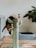 A fluffy cat is climbing or perched on a cactus-shaped scratching post. The post is covered in green carpet material. The background features a cozy-looking room with a gray couch, a large plant with dark green leaves, and a pet bed on a wooden floor.