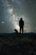 silhouette of man and dog standing on rock during night time