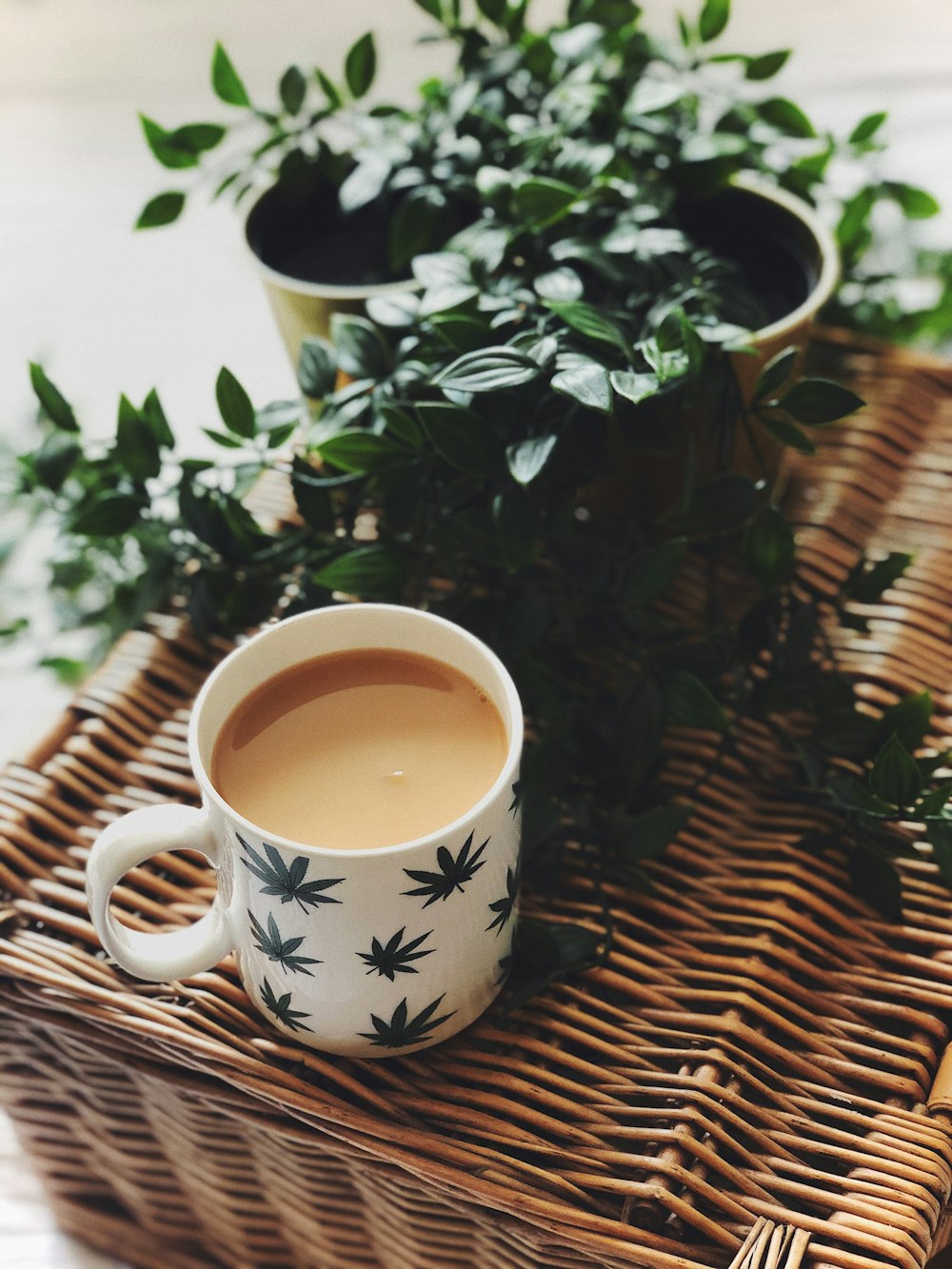 white and brown ceramic mug with brown liquid inside