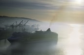 A large cruise ship is moving through a calm harbor with industrial cranes in the background, shrouded in a misty atmosphere. The sun is low on the horizon, casting a soft glow and creating a reflective sheen on the water surface.