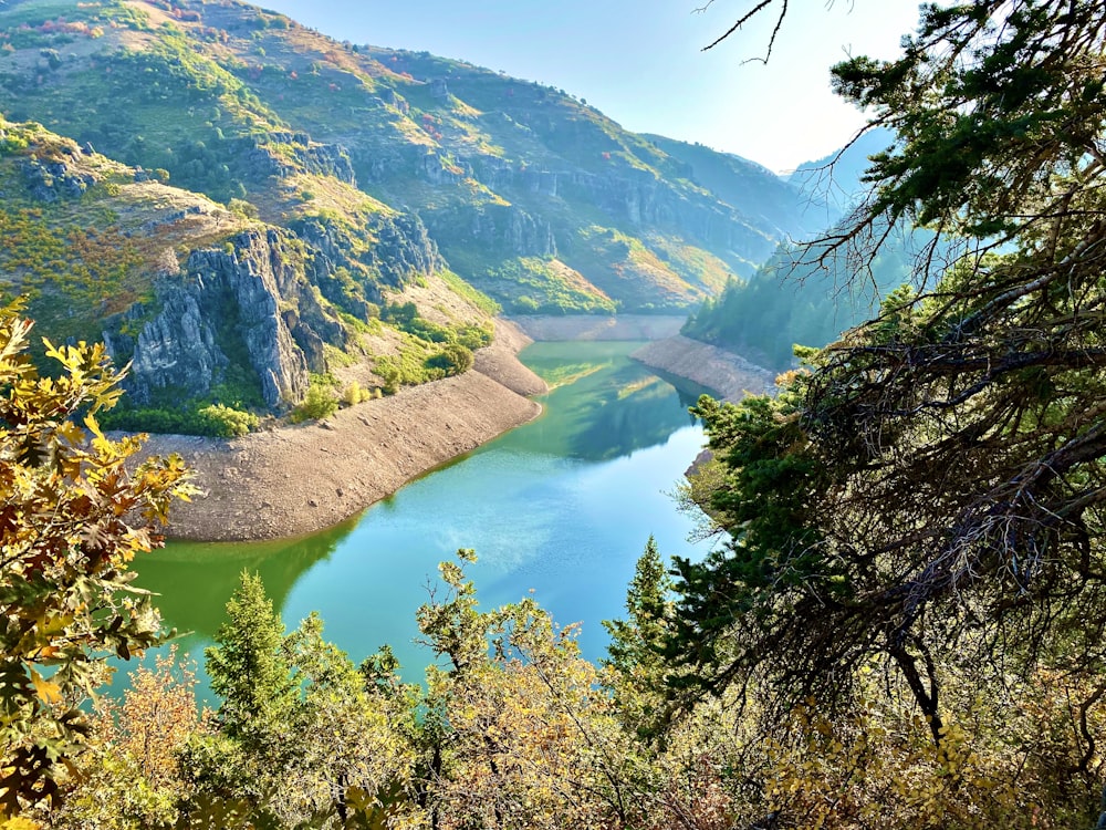 Montagnes vertes et rivière pendant la journée