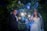 A bride and groom stand in front of a lush green backdrop adorned with string lights and several small photos. They are both holding sparklers, and the bride is dressed in an elegant white gown with a veil and tiara, while the groom is in a classic black tuxedo. Both are smiling and appear joyful.