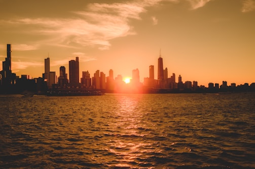 A cinematic still capturing a golden hour cityscape with warm hues.