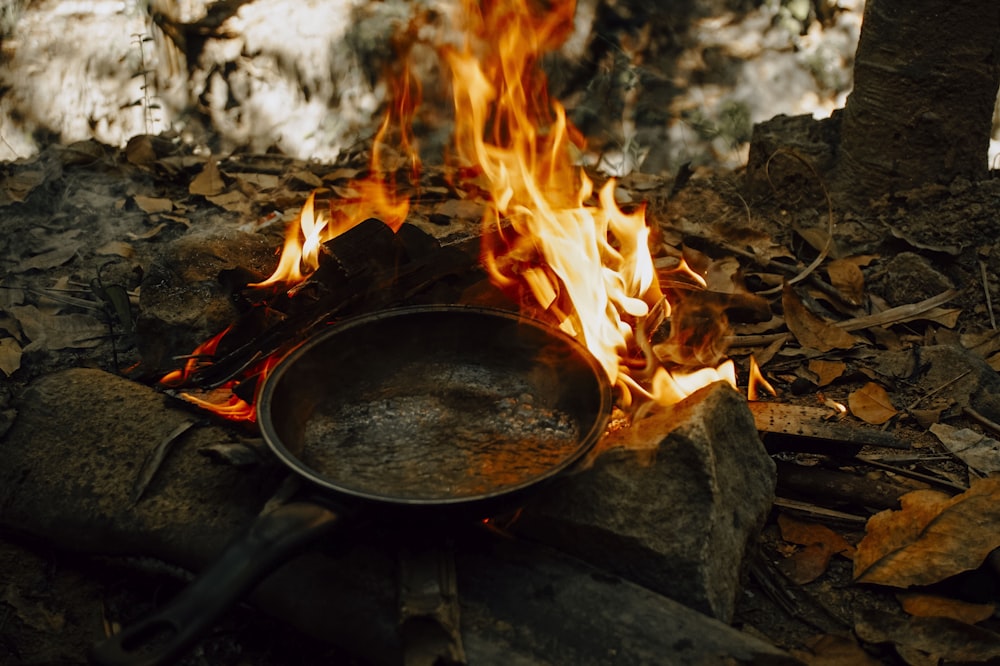 black frying pan on fire