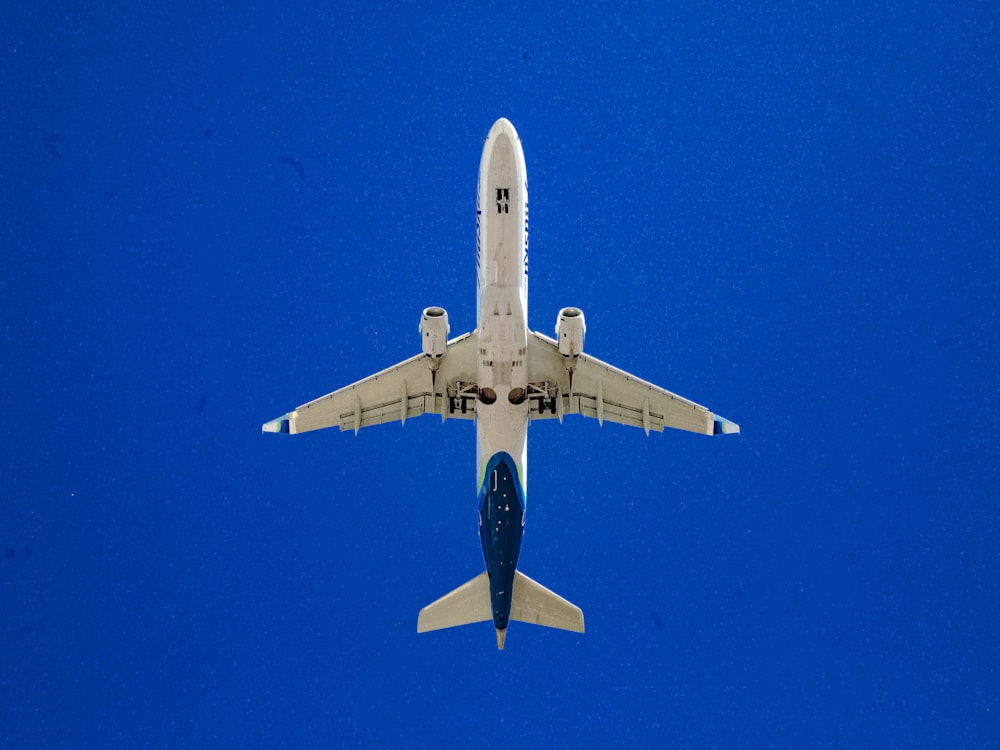 white and blue airplane in flight