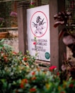 A garden sign is prominently displayed with text indicating 'RUMAH BEGONIA BROMELIAD' and 'BEGONIA & BROMELIAD HOUSE'. The sign has a circular graphic of flowers. It is surrounded by lush greenery and vibrant red flowers.