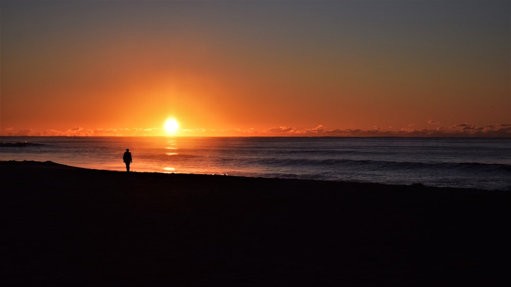 silhouette of person standing on seashore during sunset