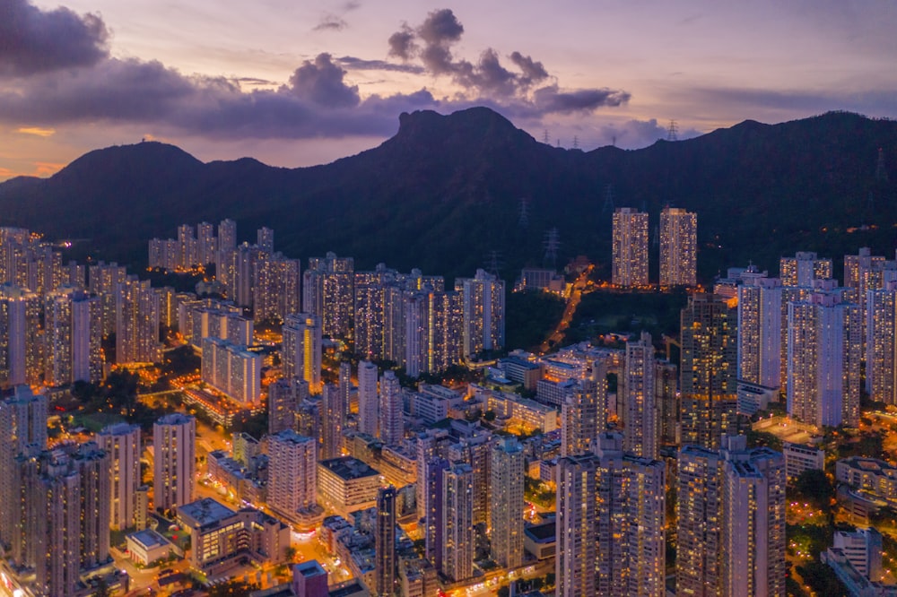 aerial view of city buildings during night time