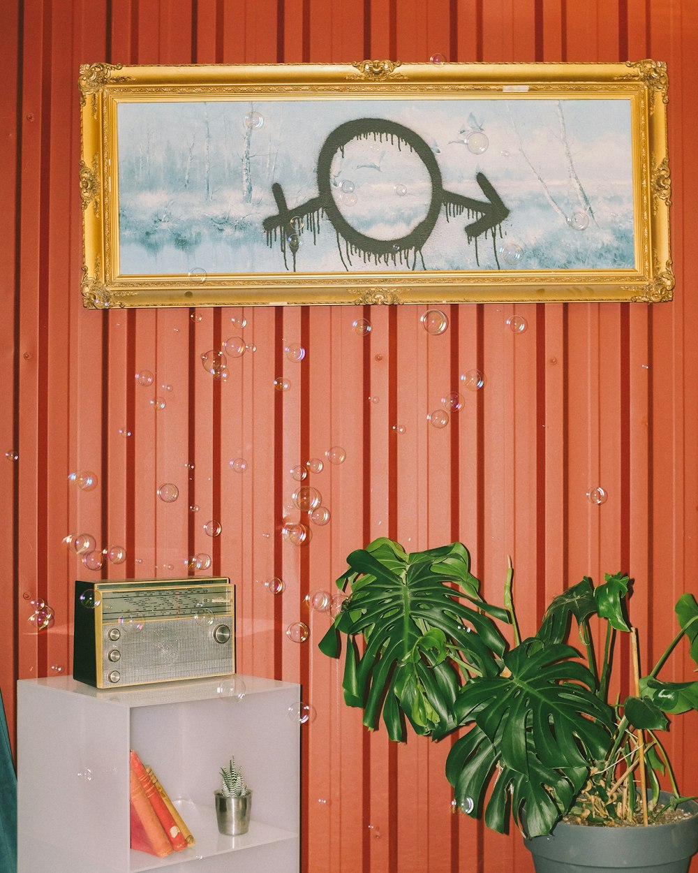 green plant beside white and brown wooden cabinet