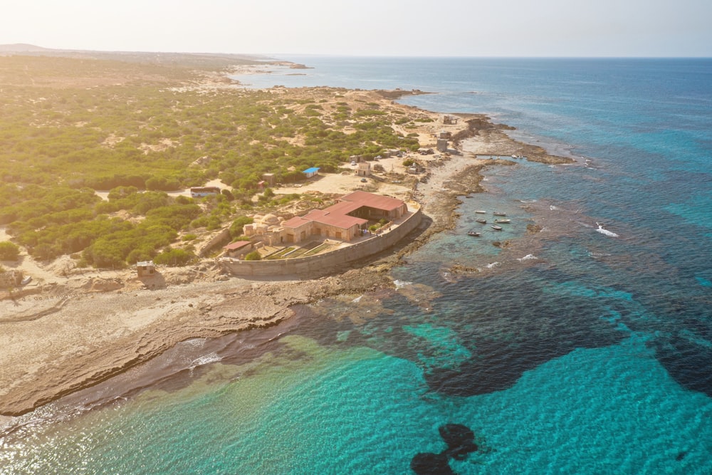 Veduta aerea della terra verde e marrone vicino allo specchio d'acqua durante il giorno