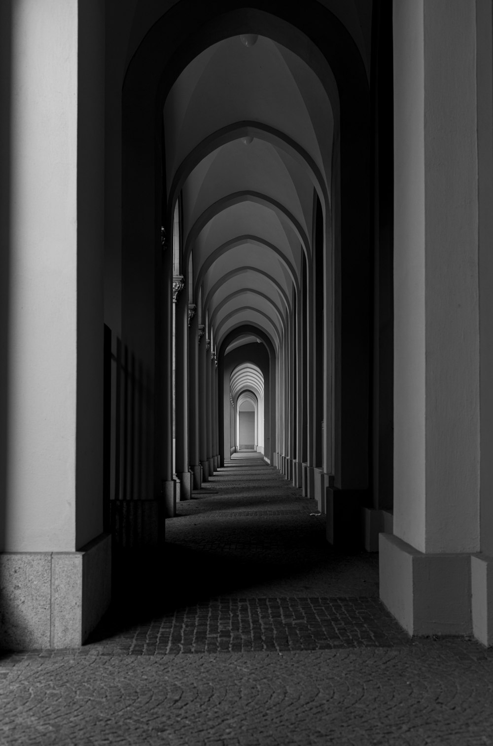 Photo en niveaux de gris d’un couloir avec des colonnes