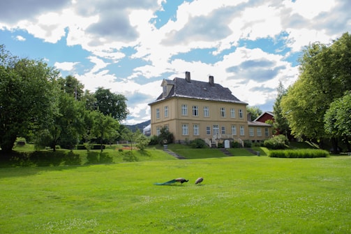 A large beige house with a slate roof sits at the edge of a spacious, manicured lawn. The property is surrounded by lush green trees, and the sky above is partly cloudy with patches of blue. Two birds are seen on the grass, enhancing the peaceful ambiance.