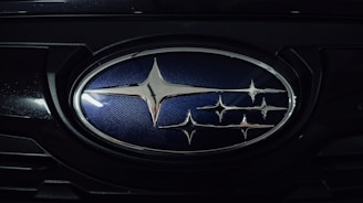 A close-up of an automotive logo featuring several intersecting silver stars on a blue background, surrounded by a chrome oval frame.