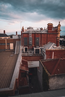 Rooftops of brick buildings with chimneys and a cloudy sky above. There's a ladder attached to one of the buildings and various vents and antennas visible.
