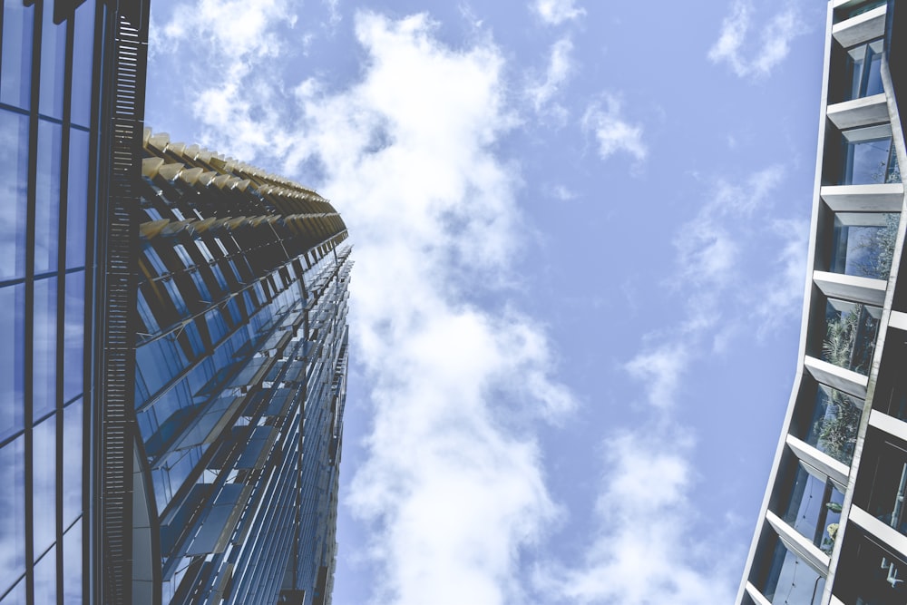 blue and white glass walled high rise building