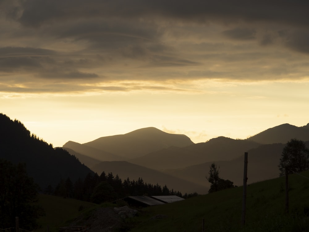 silhouette of trees and mountains during sunset