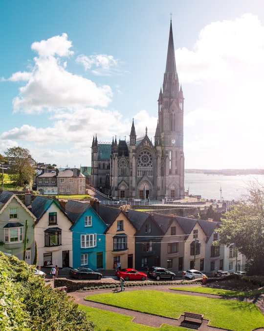 cars parked near green and brown concrete building during daytime in St. Colman's Cathedral, Cobh Ireland