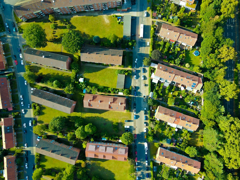 veduta aerea di alberi verdi e case durante il giorno