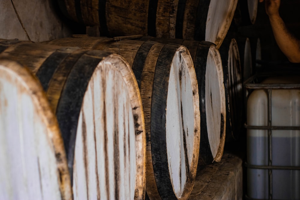 brown wooden barrels in room