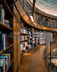 brown wooden book shelves with books