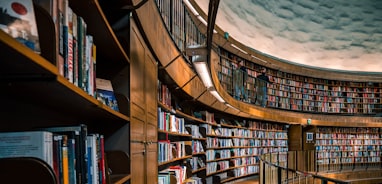 brown wooden book shelves with books