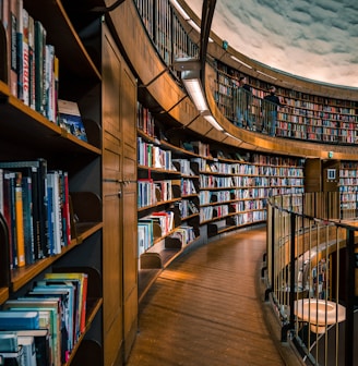 brown wooden book shelves with books