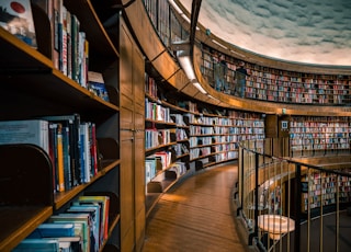 brown wooden book shelves with books