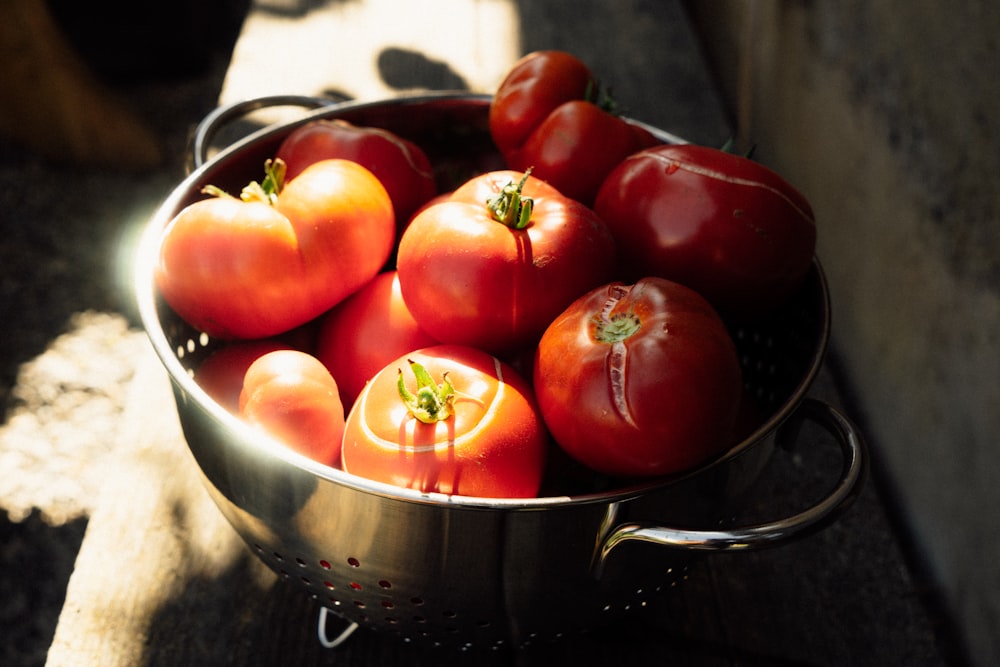 red tomatoes on stainless steel bowl