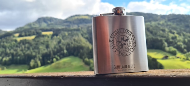 A metallic flask sits on a wooden surface with a scenic background of lush green hills and a partially cloudy sky. The flask has inscriptions and a design on its front.