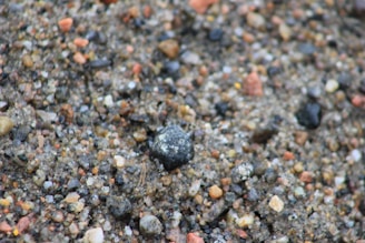 A close-up image of a mix of sand and small pebbles with various colors, including black, white, brown, and orange tones. The texture appears rough and granular, with the focus on the stones in the center of the image.
