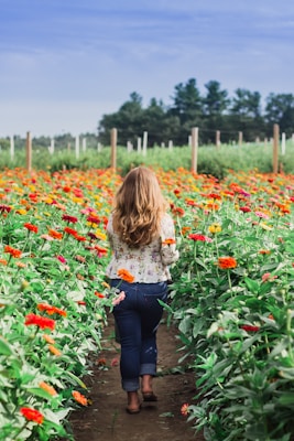 woman in white long sleeve shirt and blue denim jeans standing on red flower field during