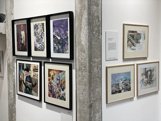 Gallery wall featuring bold minimalistic pieces inspired by historical and cultural themes.