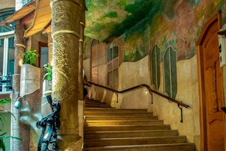 brown concrete staircase with green moss