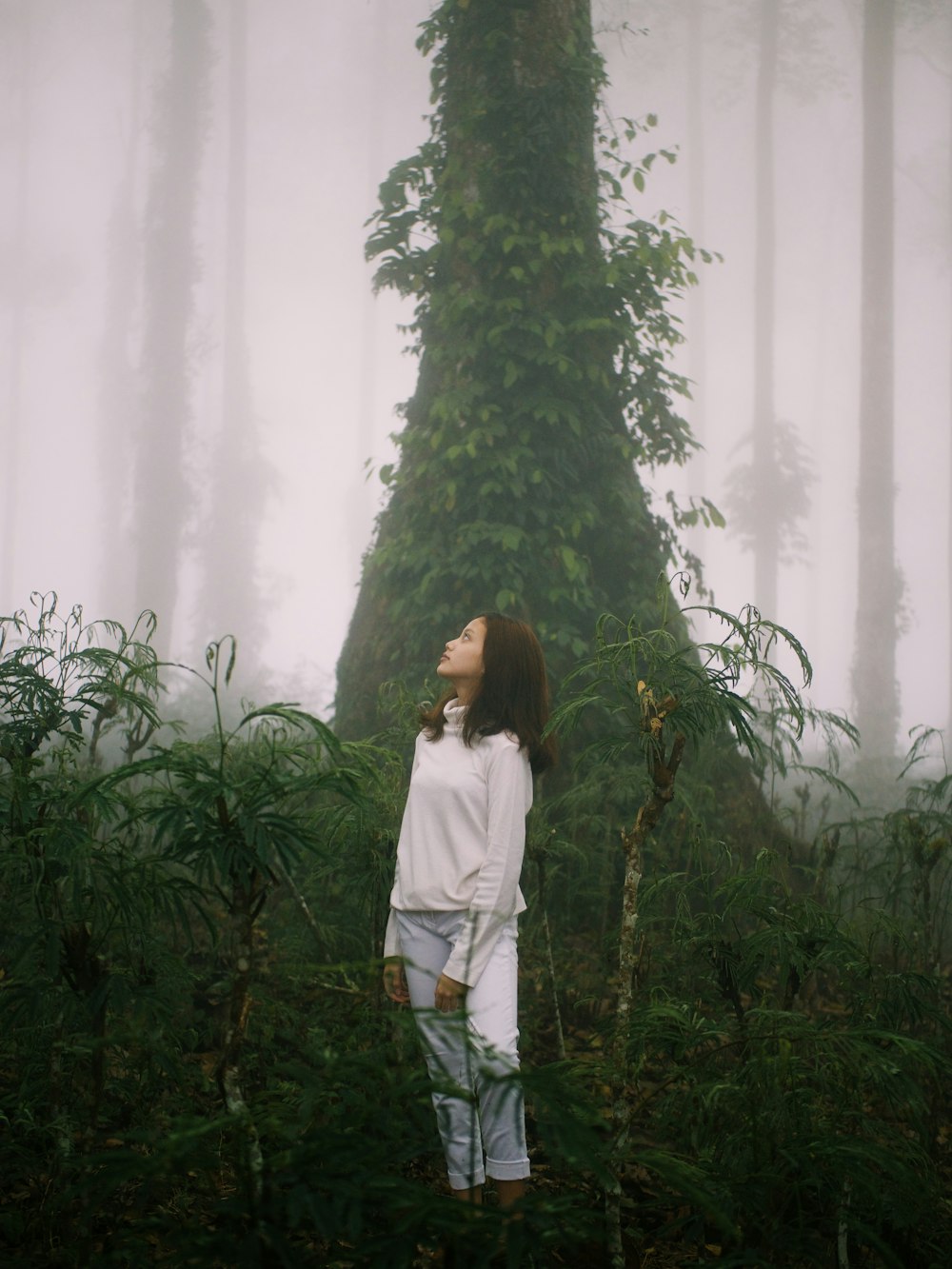woman in white long sleeve shirt standing beside green tree during daytime