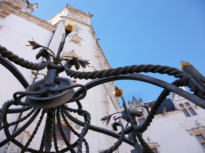 An upward view of an ornate wrought iron gate with intricate patterns. The ironwork is adorned with decorative elements like twisted bars and floral designs. In the background, a large, white historical building with detailed architectural features such as arches and carvings is visible under a clear blue sky.