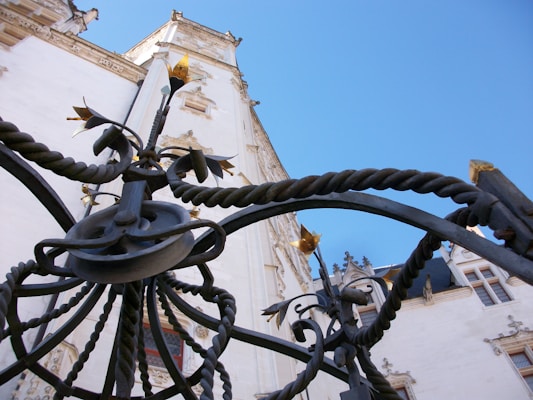 An upward view of an ornate wrought iron gate with intricate patterns. The ironwork is adorned with decorative elements like twisted bars and floral designs. In the background, a large, white historical building with detailed architectural features such as arches and carvings is visible under a clear blue sky.