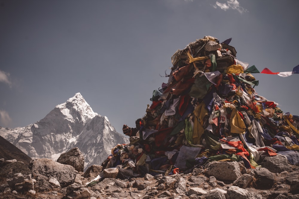 sacs de randonnée de couleur assortie sur un sol rocheux près d’une montagne enneigée pendant la journée