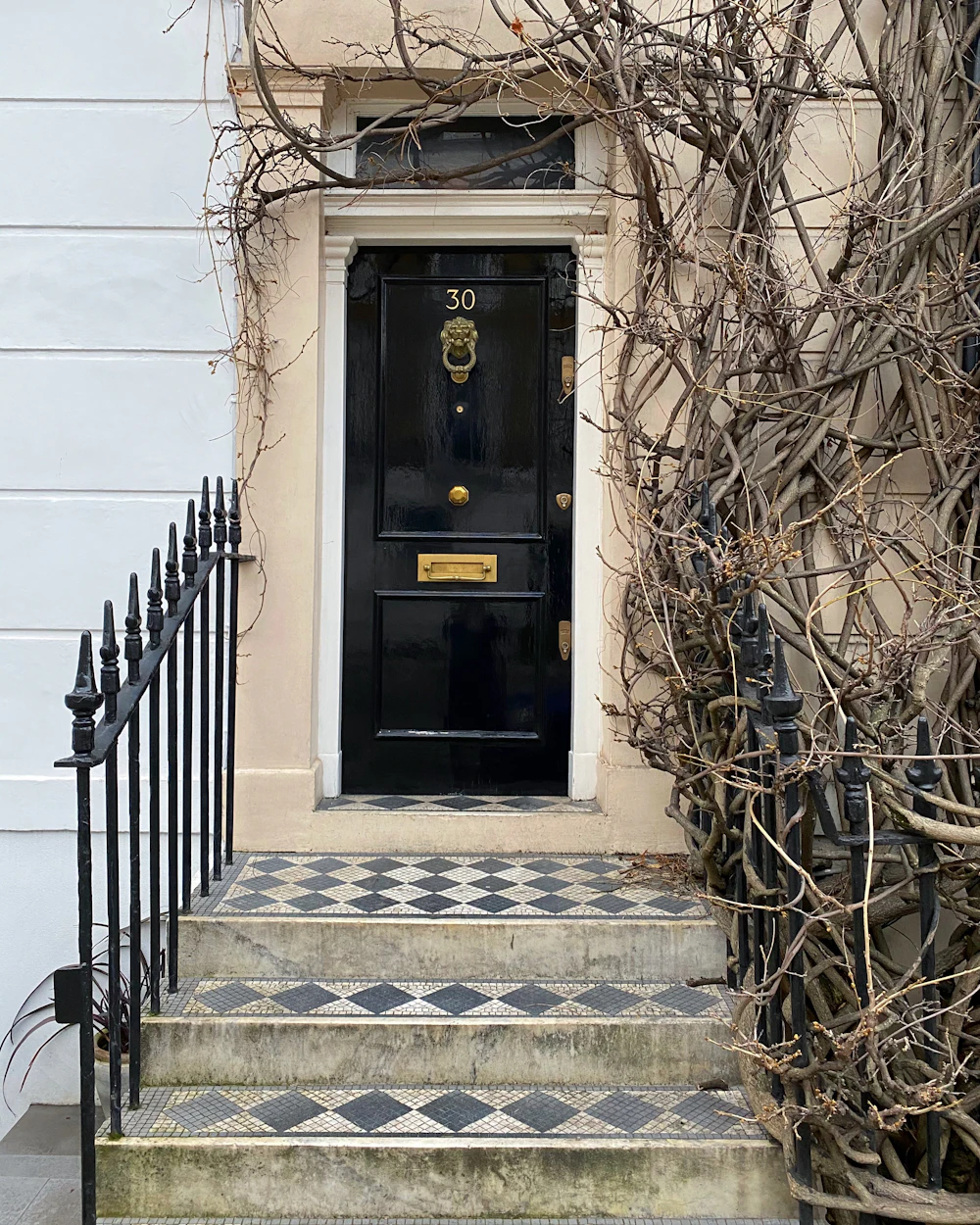 Black front door of a stucco townhouse with iron railings and a chequered step
