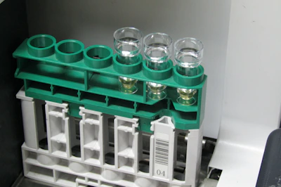 Sterile vials lined up on a clean lab bench, each labeled with batch information for traceability.