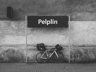 A bicycle is parked against a concrete wall beneath a sign with the word 'Pelplin'. The bicycle has luggage bags attached to it, and the setting appears urban with paving bricks on the ground.