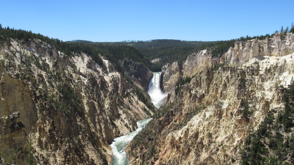 waterfalls between brown and green mountains under blue sky during daytime