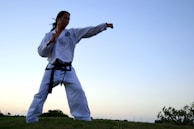 A person wearing a traditional martial arts uniform with a black belt stands in a stance, poised with one arm extended in a punch. The background features an open sky transitioning from light to deep blue, suggesting early evening or dawn. The ground is grassy, and some foliage is visible.