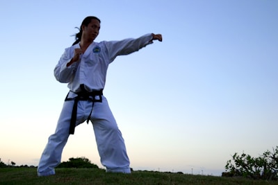 A person wearing a traditional martial arts uniform with a black belt stands in a stance, poised with one arm extended in a punch. The background features an open sky transitioning from light to deep blue, suggesting early evening or dawn. The ground is grassy, and some foliage is visible.