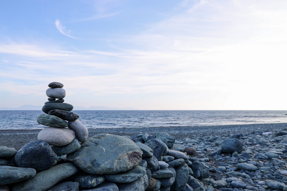 gray and black rocks on sea shore during daytime