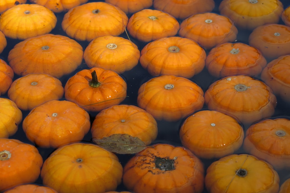 orange pumpkins on brown wooden table