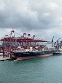 A modern container vessel docked at a bustling port with cranes in action.