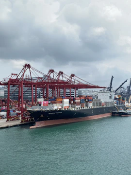 Container ship docked at port with vibrant cranes and infrastructure